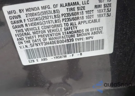 2014 Honda Pilot Ex z USA, uszkodzony, nr VIN 5FNYF3H40EB004939